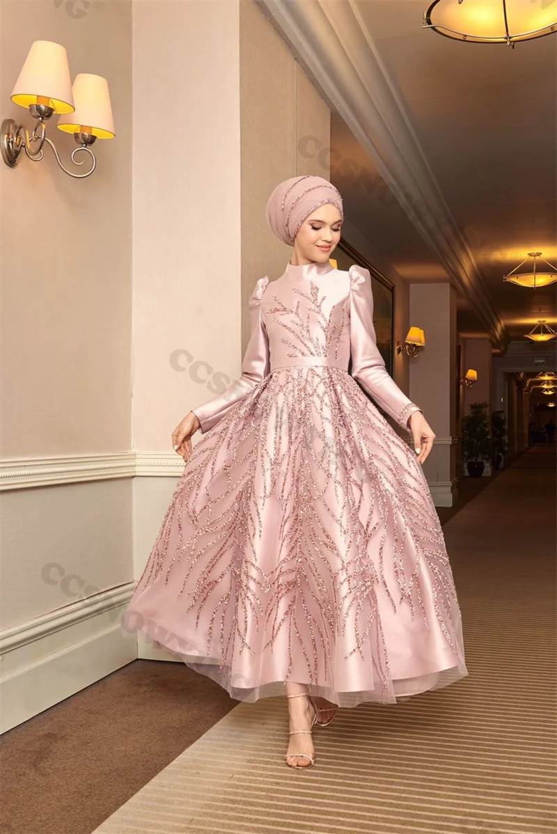 

Appliques Beaded Muslim Evening Dresses Islamic Satin Long Sleeve Hijab Women Formal Party Gown Arabic Dubai Robes De Soirée