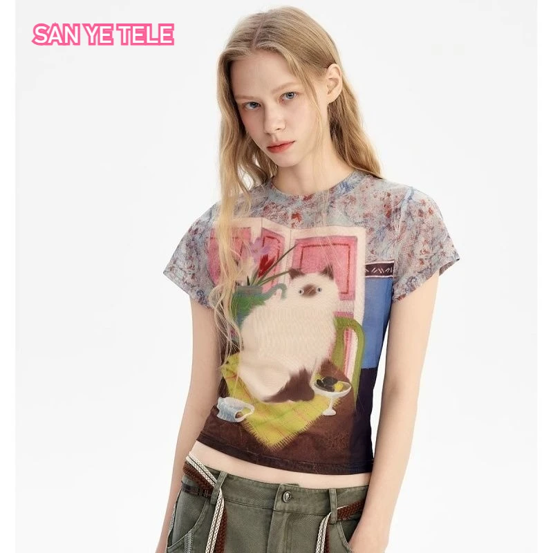 

American Retro Cat Print Tops T-shirt Women Cute Tee Short Sleeve Slim Korean Slightly Transparent Thin Mesh Ins Crop Tops
