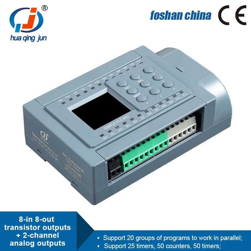 Huaqingjun 8DI 8DO Uscita transistor PLC Uscite analogiche a 2 canali 2AO 0-20mA 0-10V Controller PLC per inverter