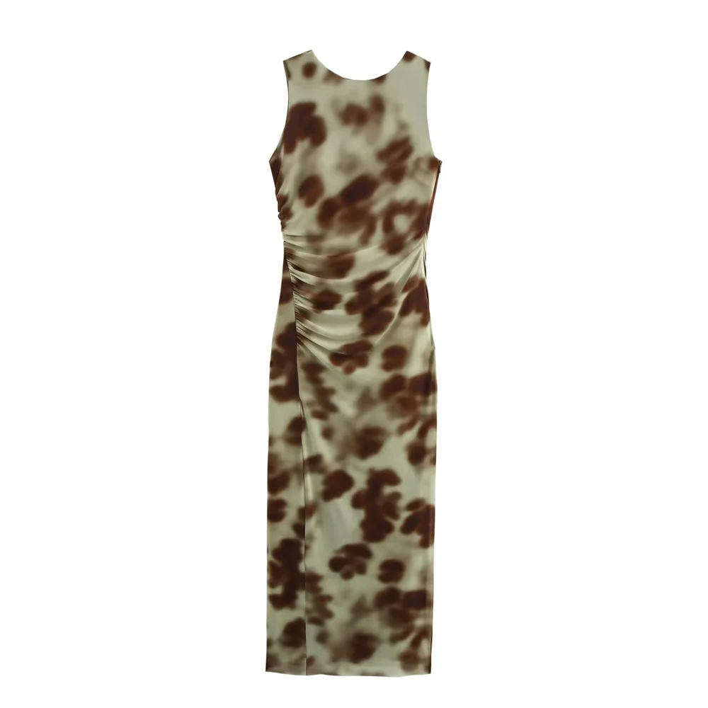 Stylish Sleeveless Midi Dress for Women with Brown and Cream Abstract Print and Ruched Detail from BM&MD&ZA 2025 Collection