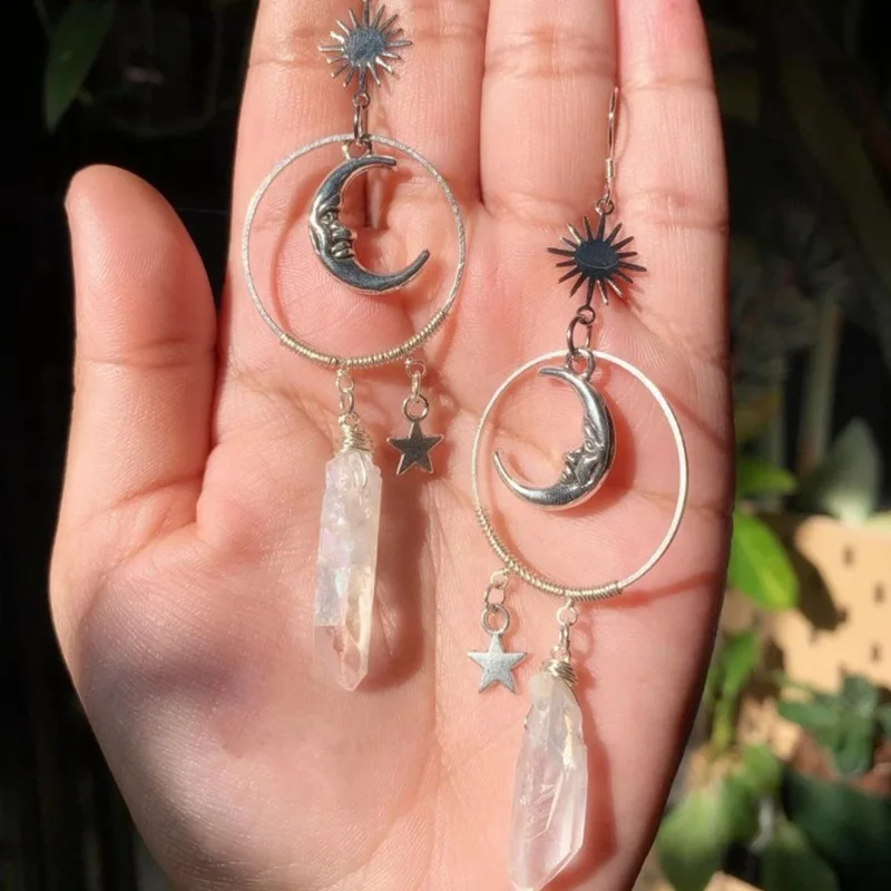 

Witchy Sun Moon Quartz Earrings - Silver Plated Dangle Earrings with Moon Face & Star Pendants,Boho Hippie Jewelry For Women