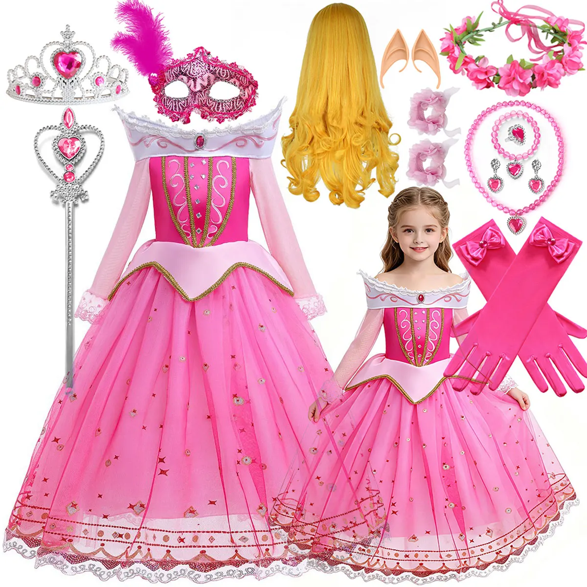 Nouvelle Robe de Princesse Aurora de Luxe Disney 2026 pour Filles, Style Cosplay, Fête d'Halloween, Robe Rose + Ensemble Perruque