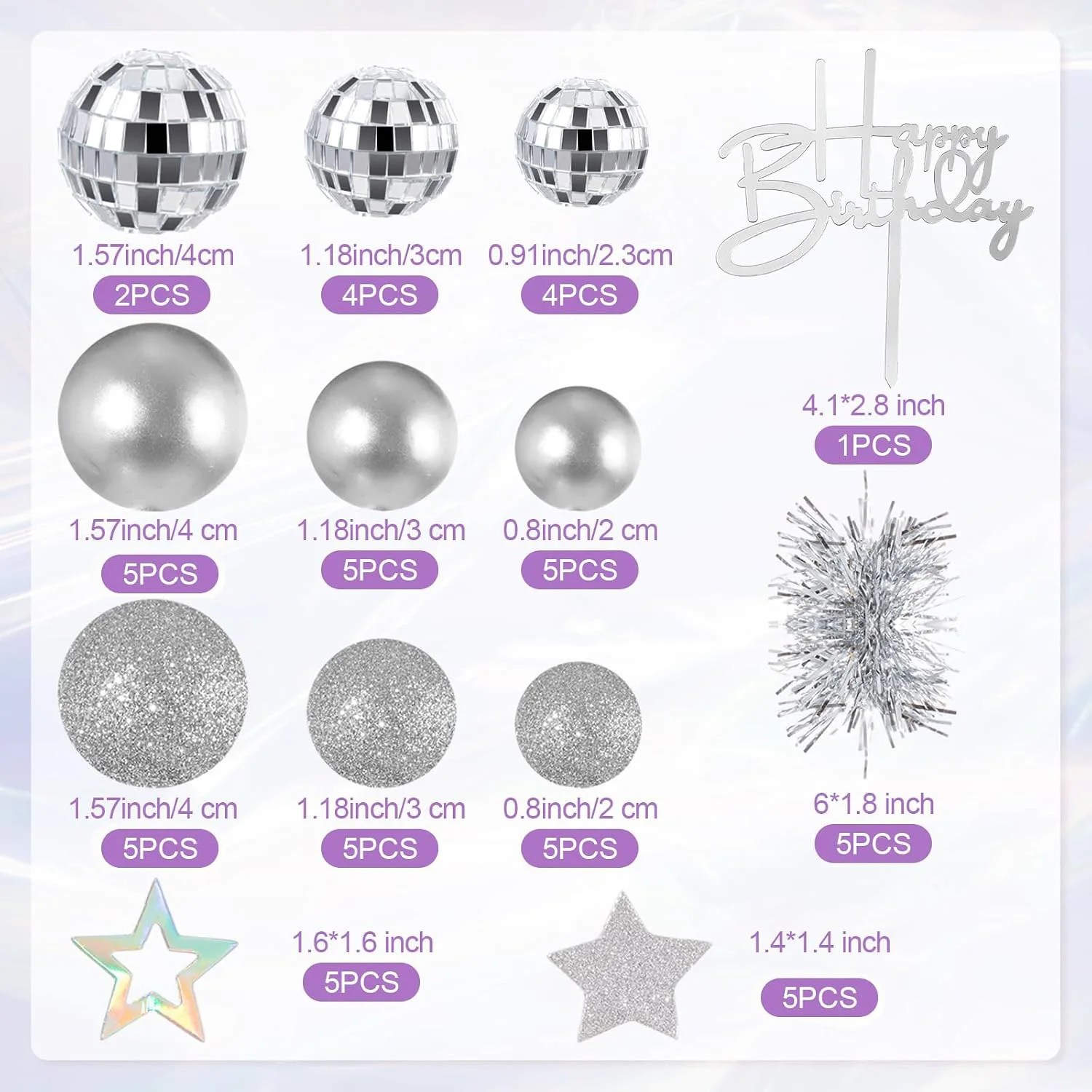 56pcs Disco Silver Cupcake Toppers Glitter Silver Foam Balls Star Happy Birthday Cake Decorations  for Wedding Baby Shower Birth