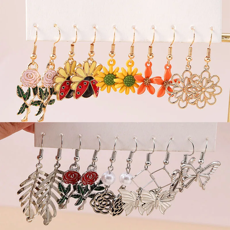 

5 Pairs Flower Drop Earrings Set for Women Girls Animal Butterfly Earrings Handmade Jewelry Gifts