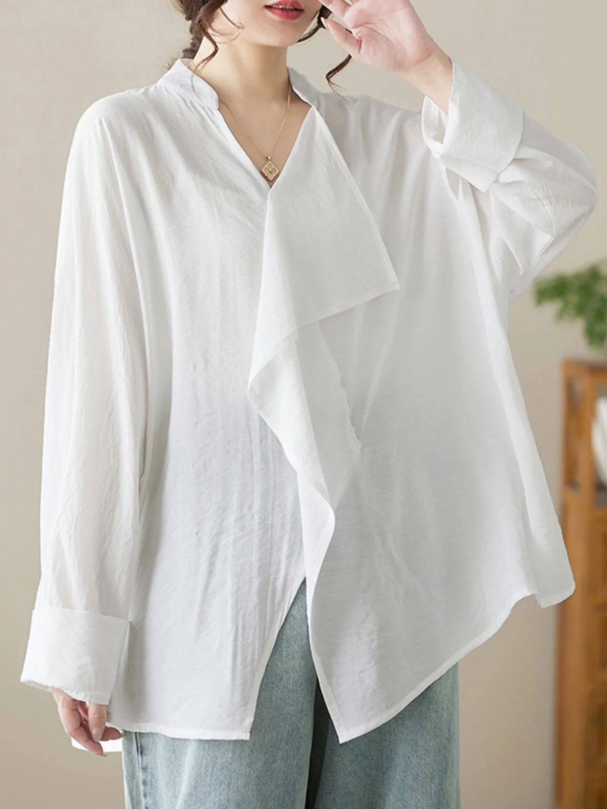

Loose V-Ne Pure Color Women's irt Spring Design Sensation Casual Commute Sle Long Sve Batwing Sve Mid-Length