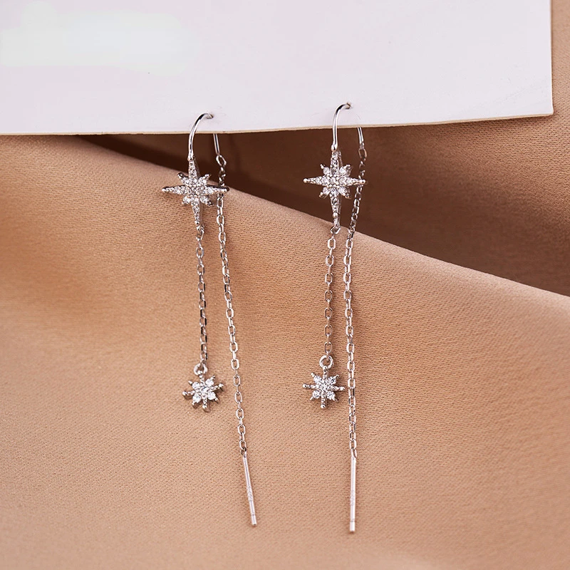 New 925 Silver Star Inlaid Zircon Earrings Ladies Temperament Long Tassel Earrings Simplicity Luxury Jewelry Silver Color Gifts