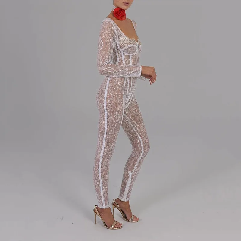 Lace Patchwork See Through Jumpsuit Women Hot Girl 2023 Autumn Sexy Long Sleeve High Strecth Bodycon Romper Night Clubwear