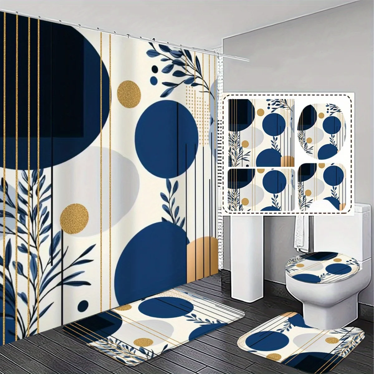 

4 шт. Элегантный и великолепный набор для ванной комнаты в богемном стиле — 2D плоская занавеска для душа с подходящими нескользящими ковриками и крышкой унитаза