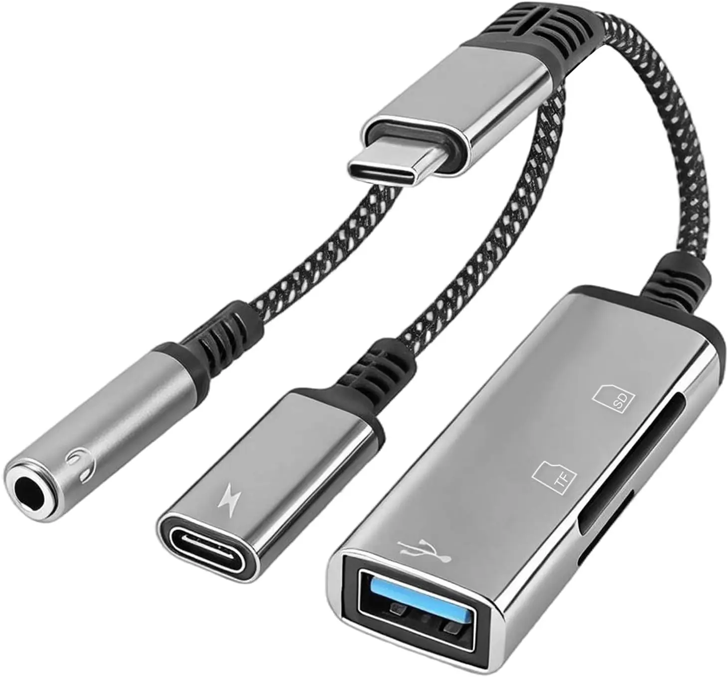 

USB C to 3.5mm Audio Adapter, 4-in-1 with 60W PD Charging, OTG & SD Card Reader, Hi-Fi DAC for iPhone 15/16, iPad Pro, MacBook, Galaxy S23