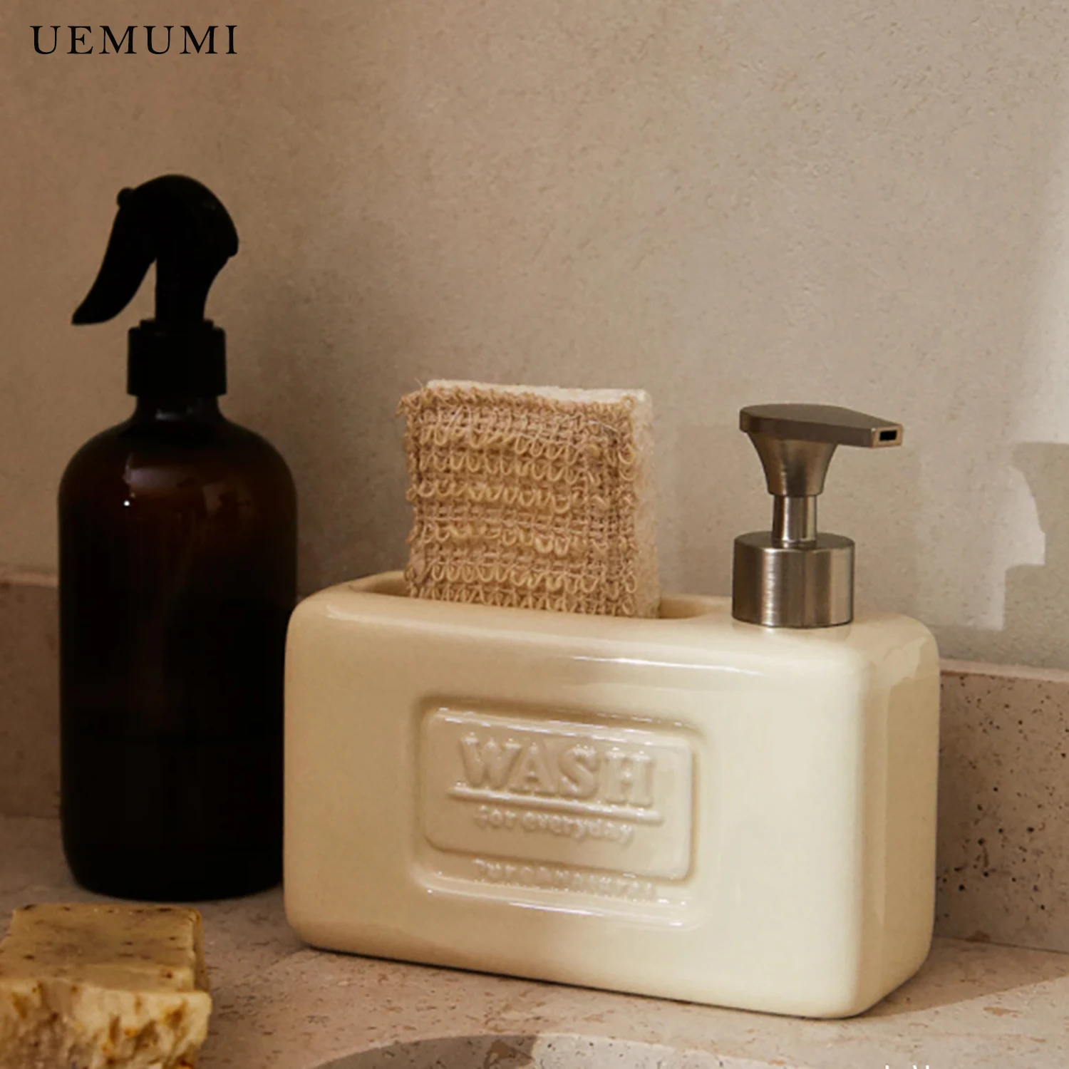 Luxury Beige Ceramic Reusable Liquid Dispenser Dishwashing Liquid Shower Gel Dispenser Bottle, Kitchen Press Bottle