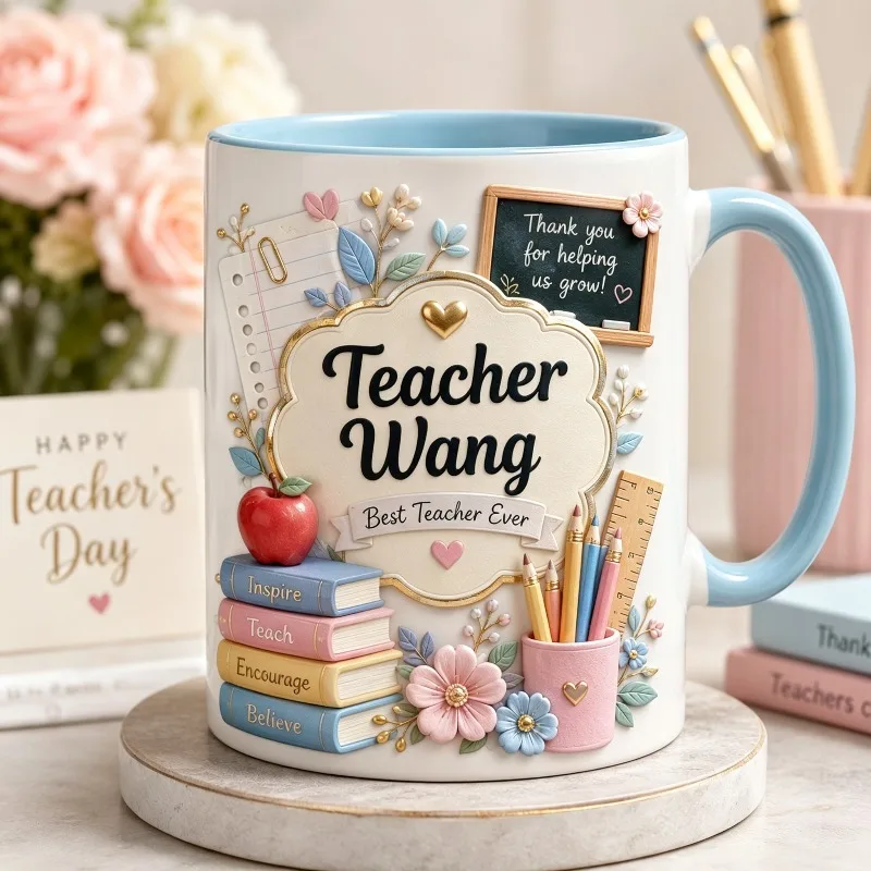 Personalized Teacher Mug Floral Coffee Cup Book Pencil Apple Print Rim Design Gift Educator Teacher Appreciation