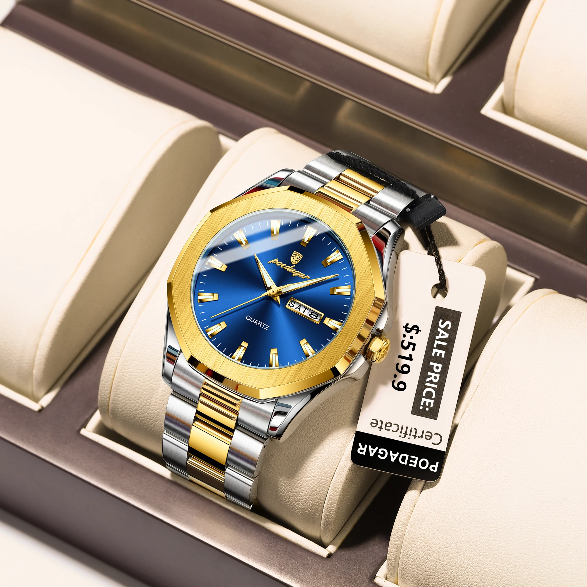 POEDAGAR ساعة يد رجالية كاجوال فاخرة مقاومة للماء مضيئة لتاريخ الأسبوع ساعة رجالية من الفولاذ المقاوم للصدأ ساعات كوارتز رياضية عصرية للرجال