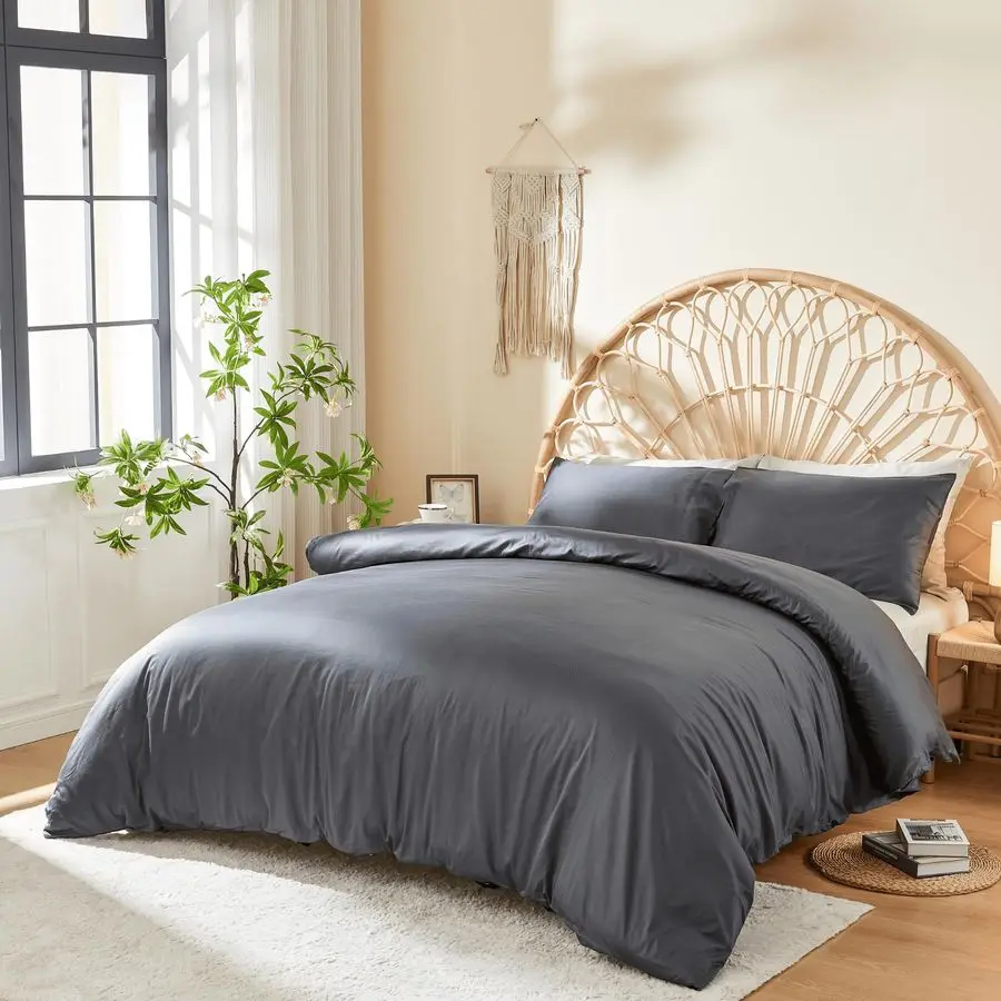 

100 Long Staple Cotton Duvet Cover Set, Soft Sateen Weave Cotton, Smooth, Breathable, Hotel Comfort, 90x90, 8 Loops, 3pc 2 Pillo