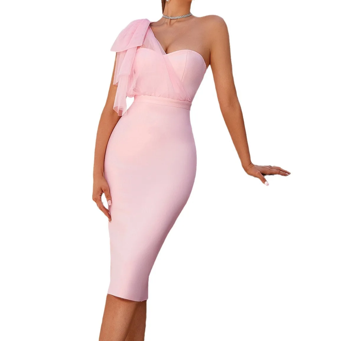 

Elegant Sweetheart One Shoulder Mesh Bow Short Formal Bandage Dress Pink