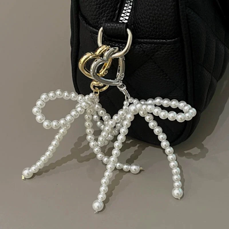 Korean Sweet Pearl Bow Keychain Heart Pendant Keyring Y2K Aesthetic Key Holder For Girls Bag Pendant Accessories