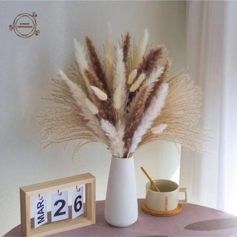 

100pcs Dried Flowers Pampas Grass Bouquet Bohemian Home Decor Natural Phalari Room Decor Fluffy Whisk Wedding Flower Arrangement