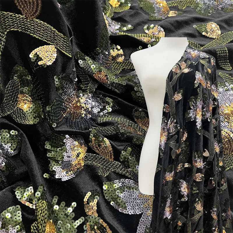 

1 yard Velvet sequin flowers embroidery fabric for sewing dresses,bags and suitcases sewing,Fashion Fabric for DIY Coat clothing