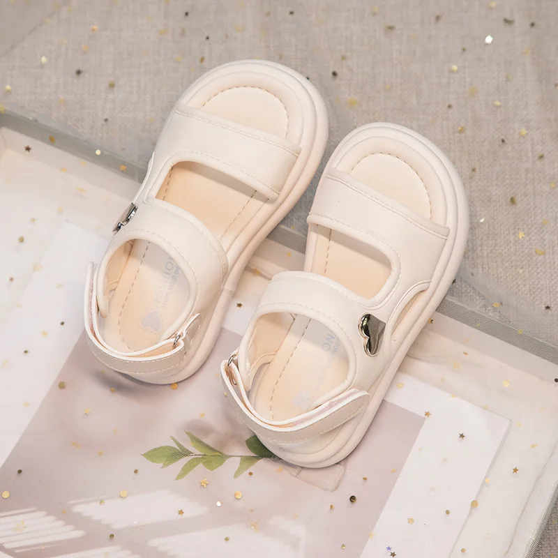 Girls Casual Sandals Open Toe Chiildren Summer Beach Shoes Kids Leather Sandals Simple Anti-Slippery All Match 2024 Summer New