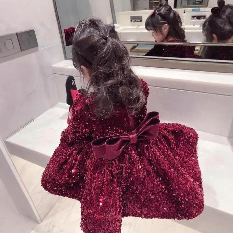 Autumn Winter Girl Party Red Evening Dress Long Sleeves Fleece-Lined Keep Warm Dress Bow Glitter Princess Dress Festival Gift