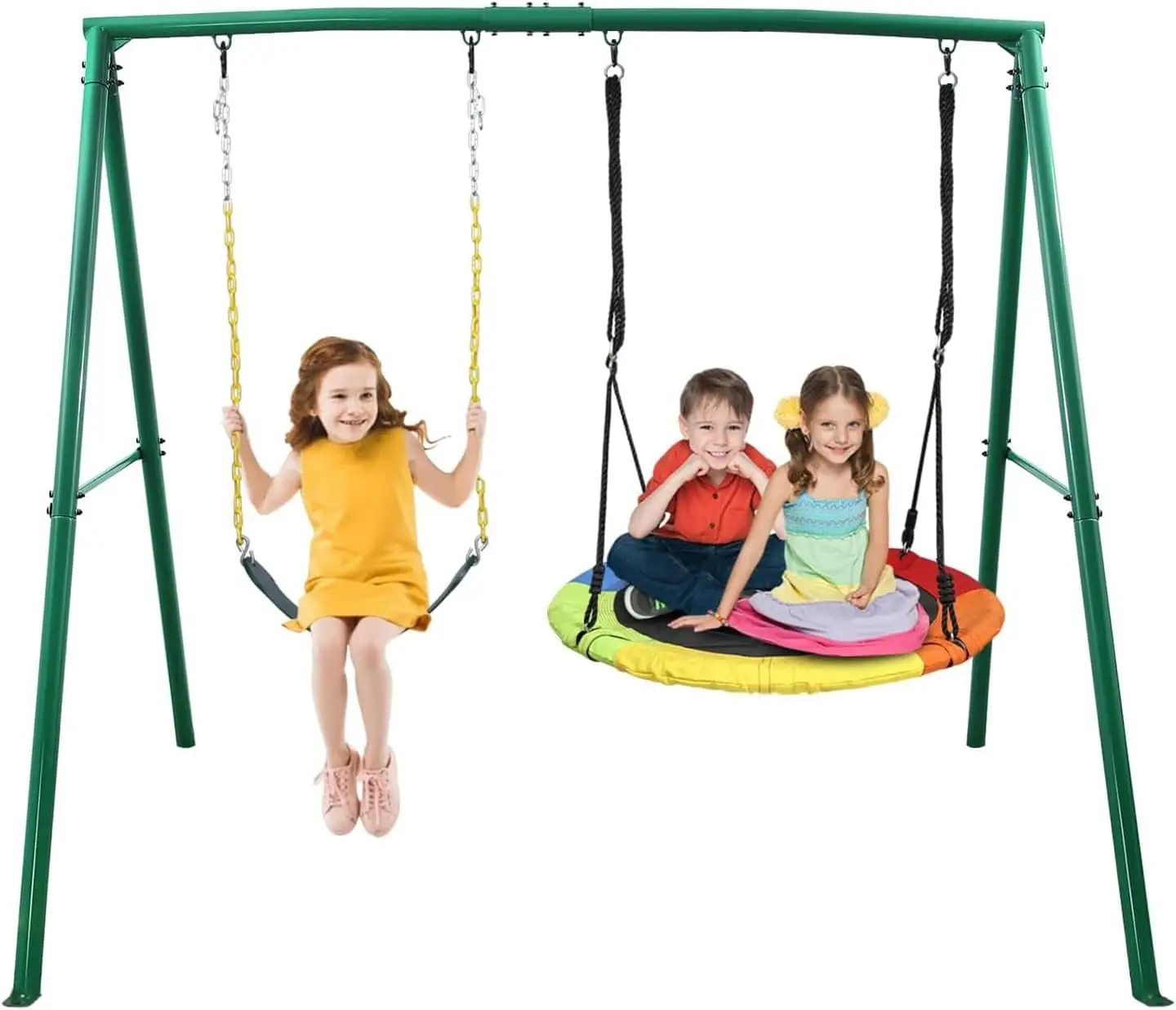 

440lbs 2 Seat Swing Set for Backyard, 1 Saucer Seat and 1 Belt Seat with Heavy Duty A-Frame Metal Swing Stand