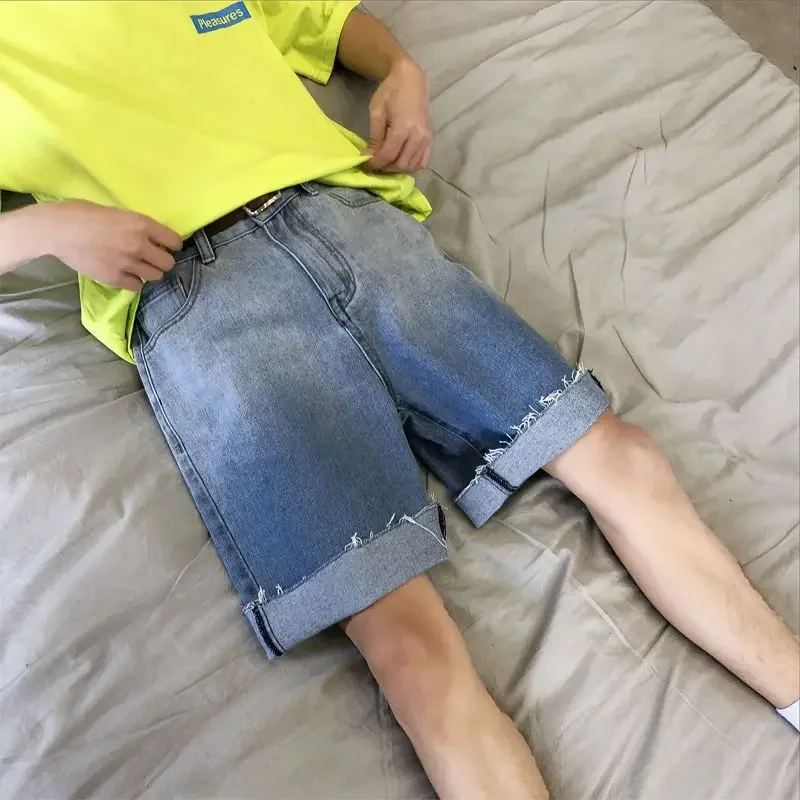 

With Pockets Baggy Wide Loose Man Denim Shorts Short Jeans Pants for Men Sale Y2k Fashion Stretchable Wih Zipper Harajuku Summer