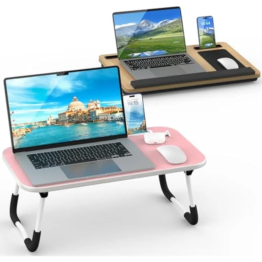 Laptop Lap Table with Cushion Light Brown and Foldable Lap Desk with Tablet Slot (Pink) for Working Writing Reading Drawing Eat