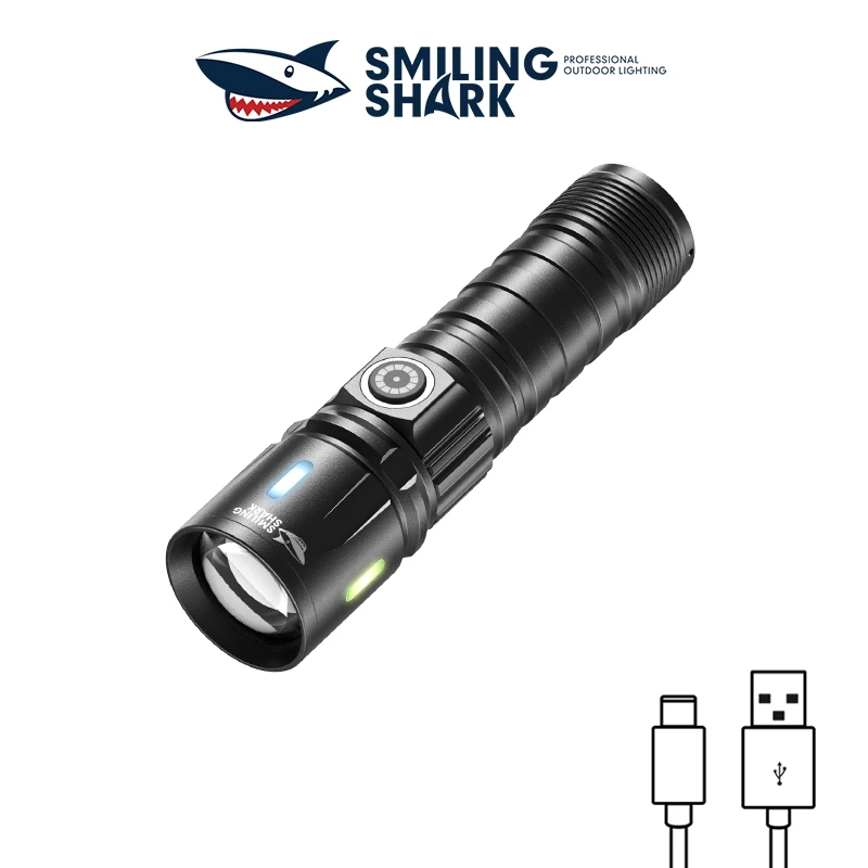 Smiling Shark SD5247 Super Bright Zoomable Flashlight, Rechargeable Torch,with Power Bank Function, for Outdoor Camping, Hiking