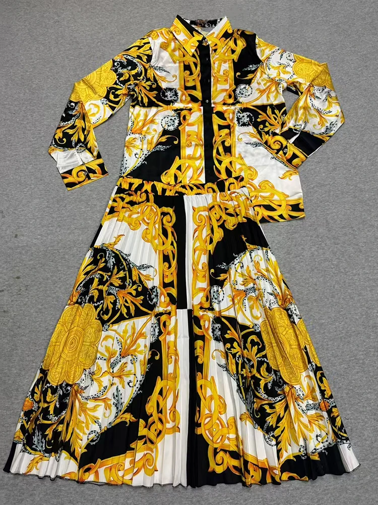 Zweiteiliges Designer-Hemd mit Retro-geometrischem Druck, Revers und geradem Bein für Damen im Herbst 2025, Set mit lockerem Faltenrock