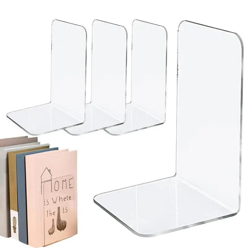 L-Shaped Transparent Acrylic Bookends Stand Bookshelf Desktop Decorative Storage Rack for Displaying Books, Music Sheets