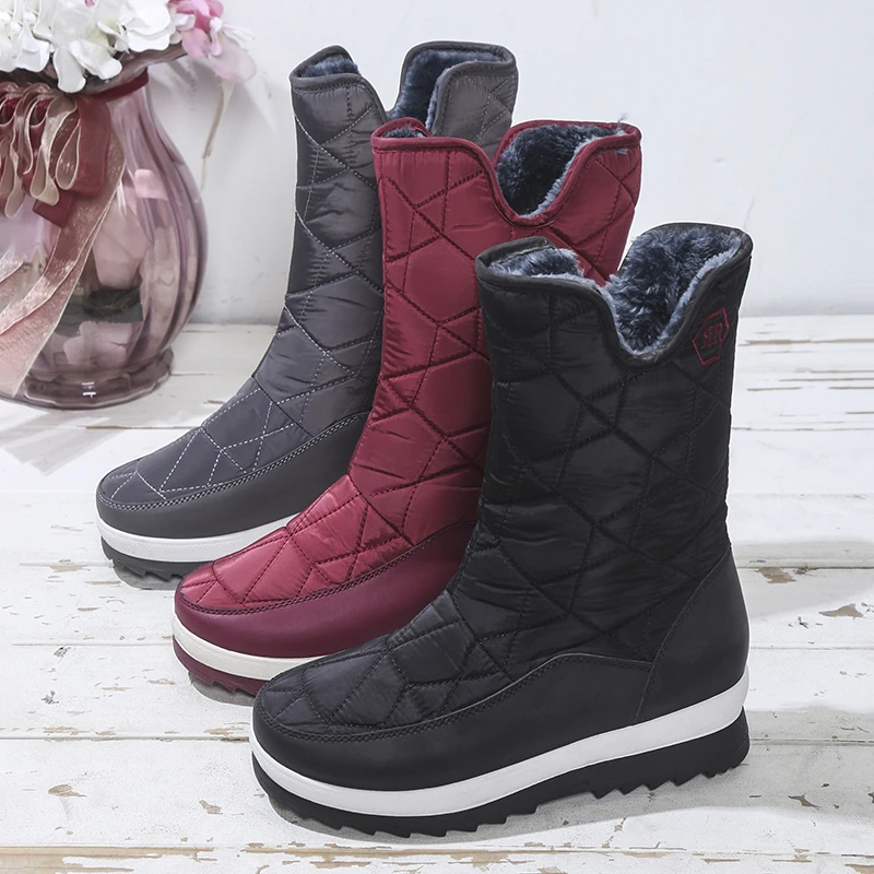 Women Boots Winter Keep Warm Quality Mid-Calf Snow Boots Ladies Lace-up Comfortable Waterproof Booties Chaussures Femme