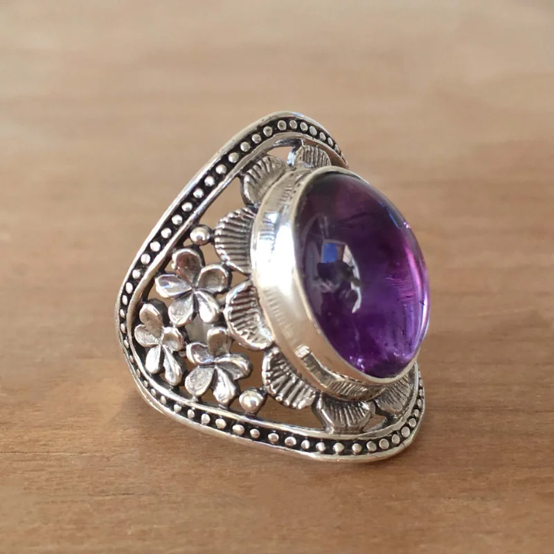 Exquisite Vintage Hollow out Flower Set Amethyst Nepalese Distressed Unisex Ring