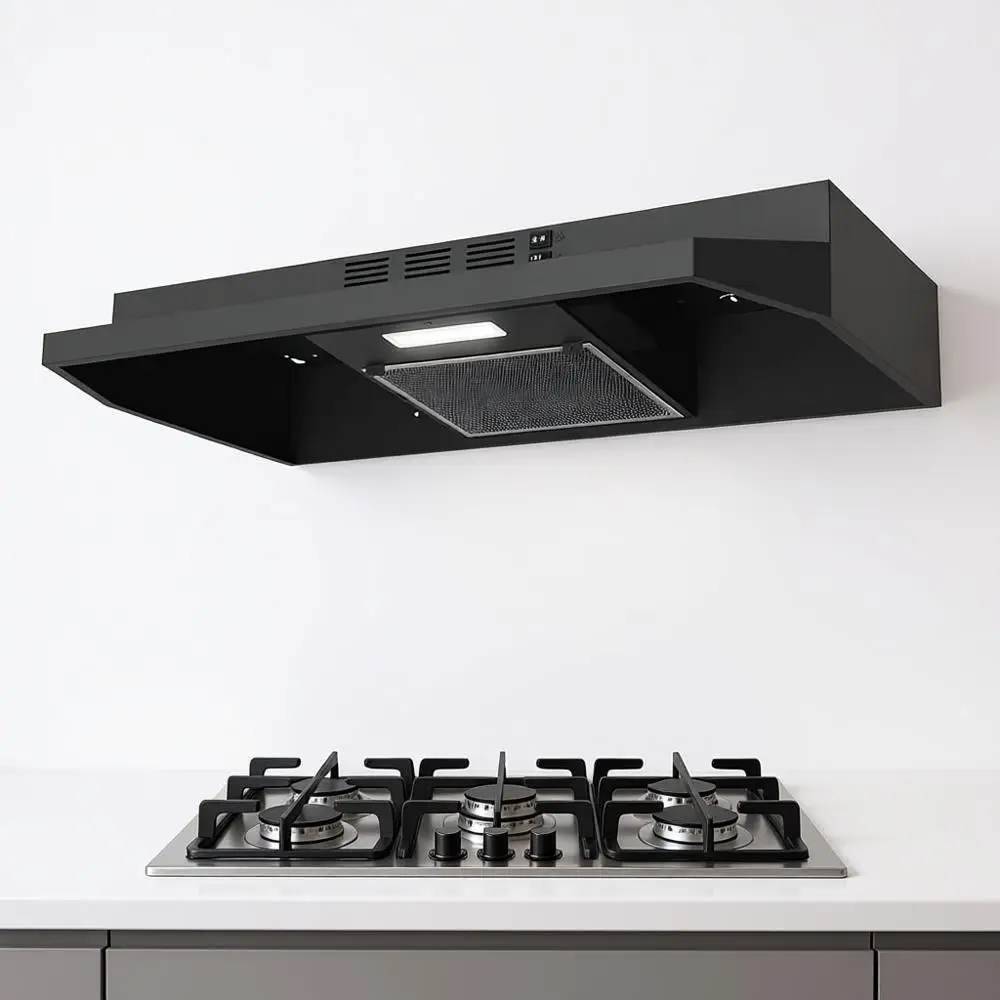 

30-дюймовая вытяжка для установки под шкаф, канальная/конвертируемая, из нержавеющей стали, с LED-подсветкой и 2 скоростями вращения, черная