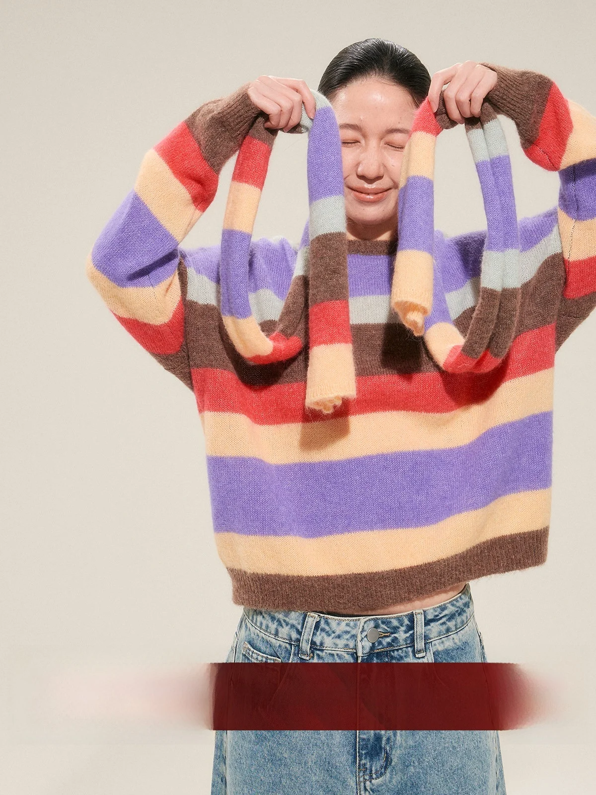 

Spring Rainbow Candy Stripes Oversized Sweater Scarf Set Hooded Long Sve round Ne Regular Length Women's Knitwear