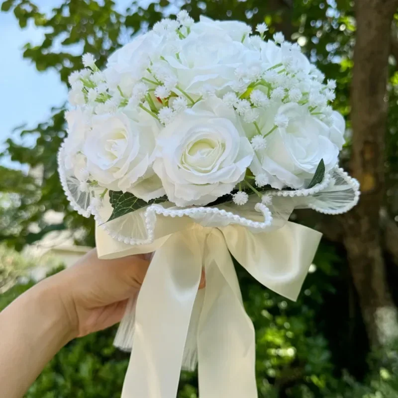 Ramos de boda para novia Babysbreath, ramos de dama de honor con rosas, cinta de seda, decoración del Día de San Valentín, bola de malla de encaje de perlas, regalo