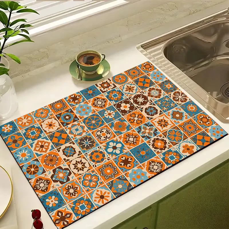Kitchen Counter Pad Mediterranean Retro Ceramic Tile Fast Drying Mat Super Absorbent Protection Dustproof Placemat Cushion Pad