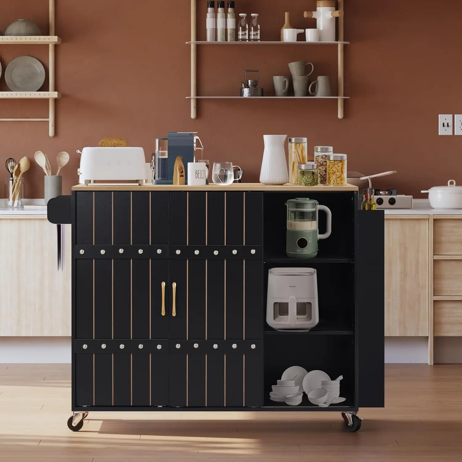 Ilha Rolling Kitchen com Drop Leaf, Carrinho de bancada portátil sobre rodas, Armazenamento