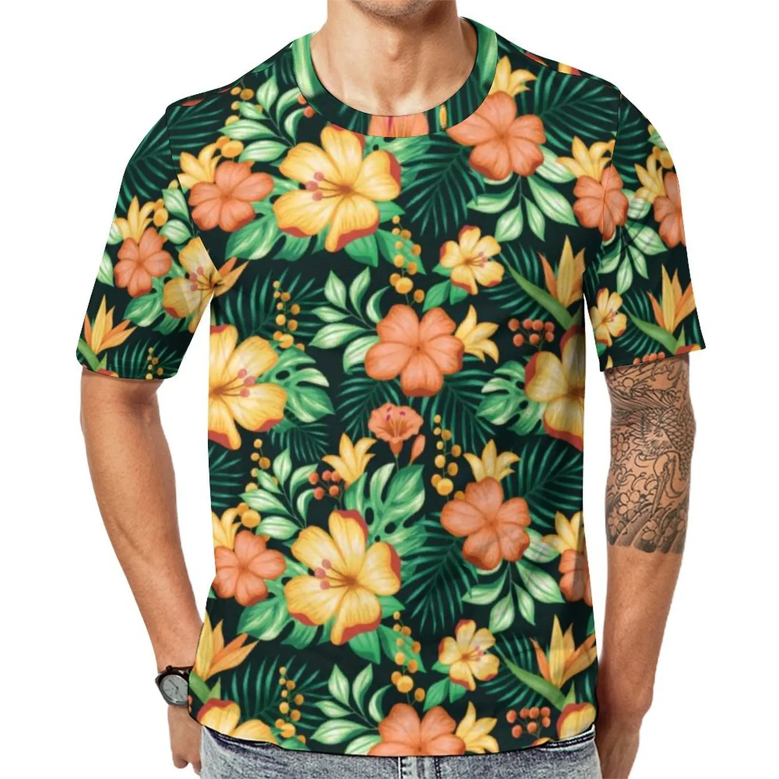 Summer T-Shirt Floral Pattern T Shirts Tropical Orange And Green Flowers Street Style Cool Tees Male Short Sleeve Oversized Tops
