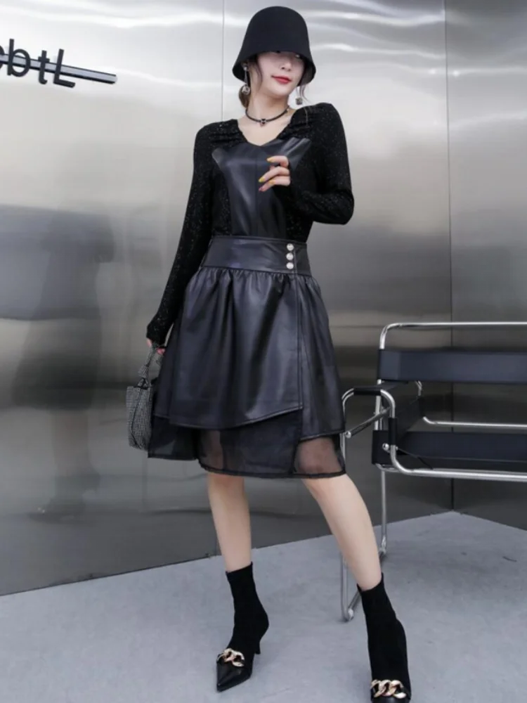 Vintage Women Ball Gown Mesh Patchwork Skirt High Waist Sheepskin Genuine Leather Skirts Autumn Casual Mid A Line Slim Fit Skirt