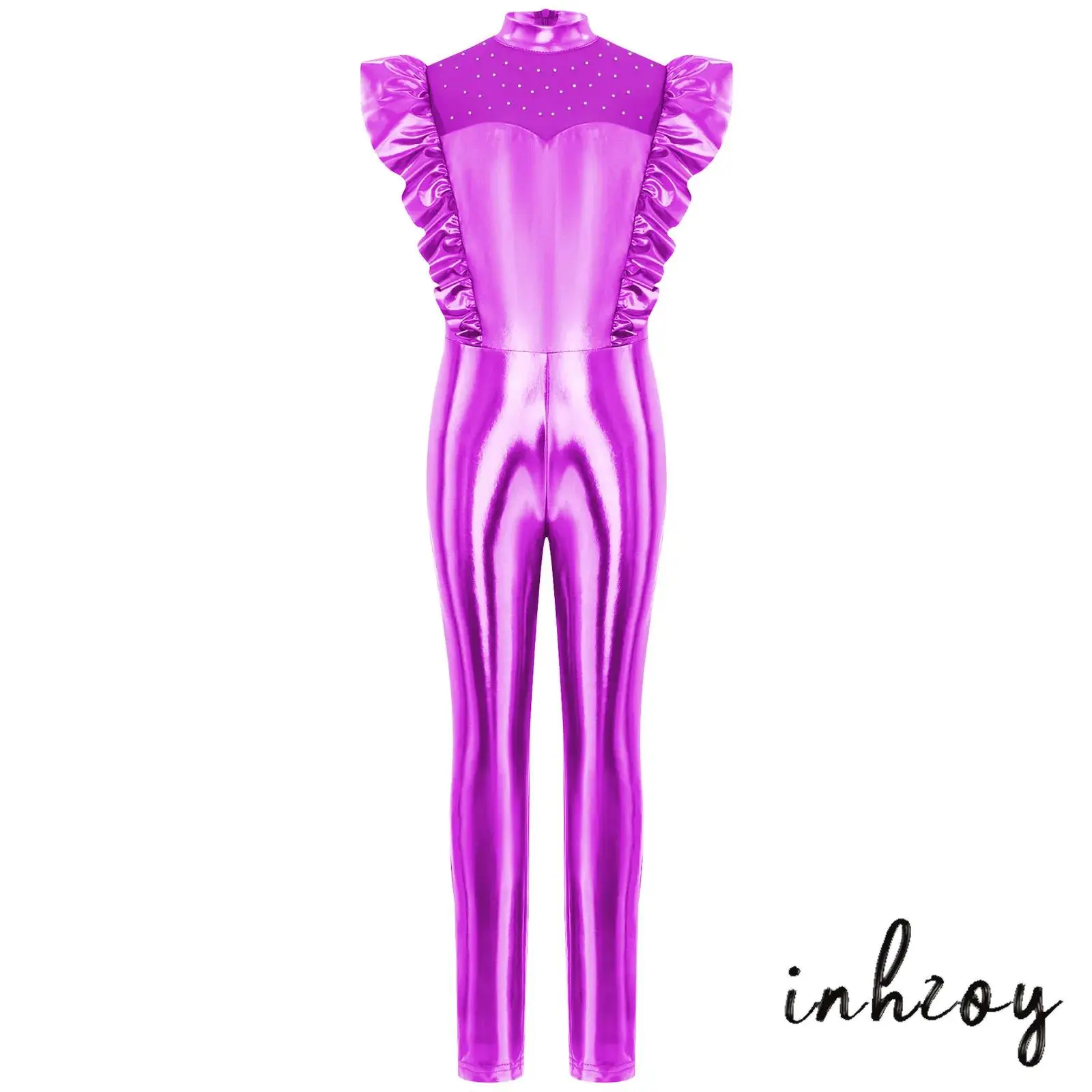 

Girls Alien Robot Costume Jumpsuit Metallic Gloss Patchwork Ruffled Flying Sleeve Back Zipper Leotard for Halloween Theme Party