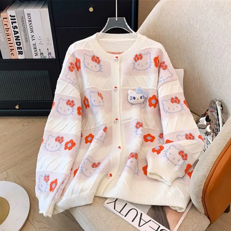 Sanrio Hello Kitty Cute Embroidery Knitted Sweater Women Autumn Winter New Fresh Sweet Sweater Korean Verison Harajuku Trend Top