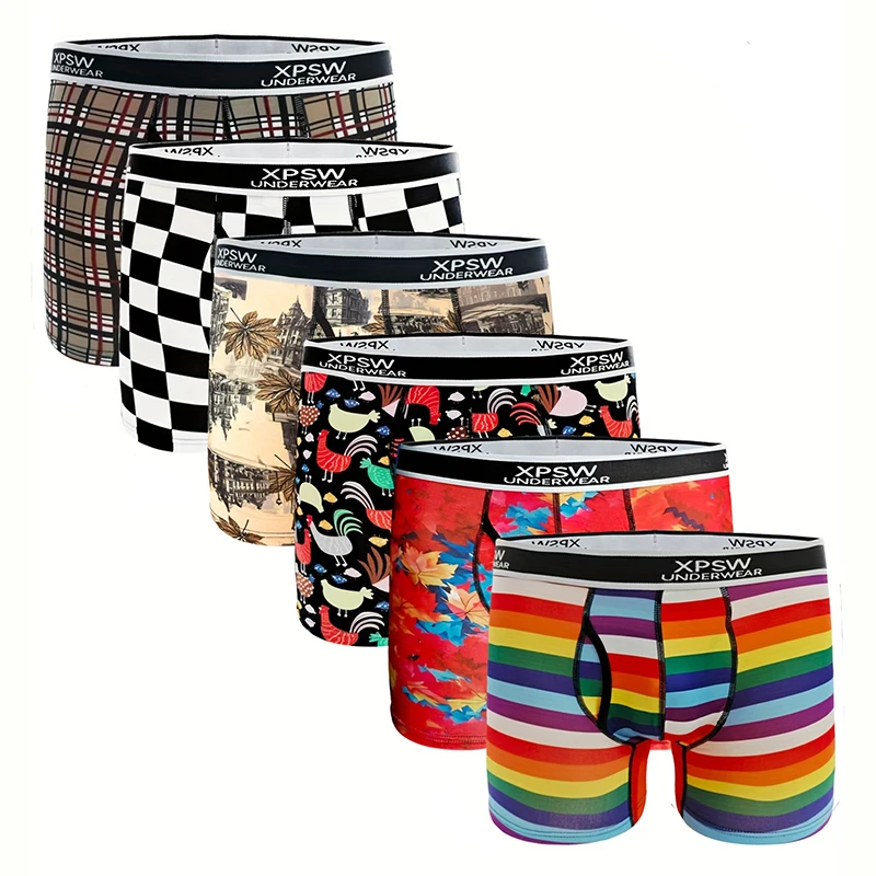

Colorful Graphic Print Men's Underwear 6Pack Trendy Plaid And Rainbow Men’s Boxer Briefs Breathable Cool Trunks for Daily wear