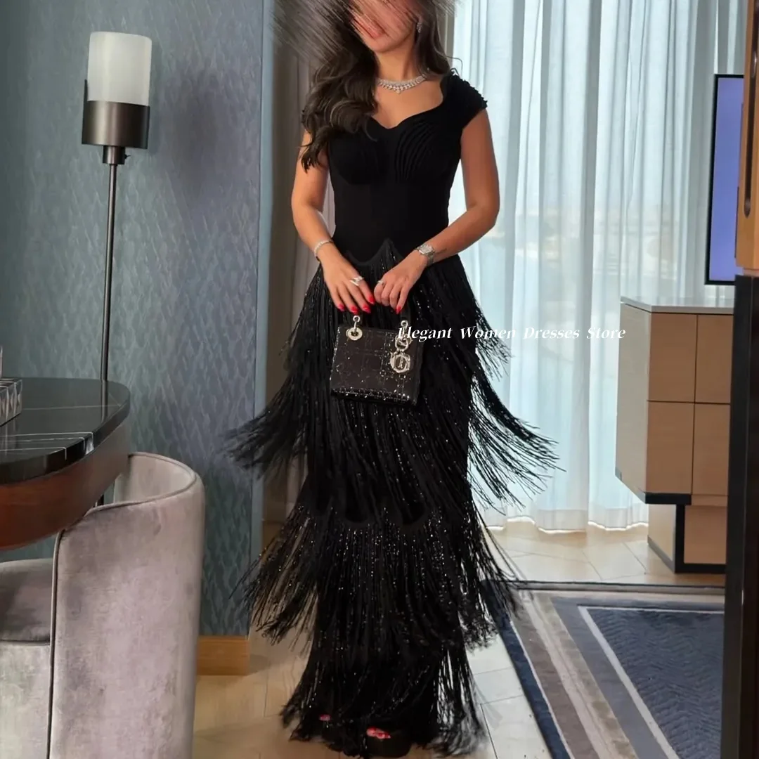 Evening Dress Black Cap Sleeve Formal Gown Ruched Multi Layer Glitter Fringe Mermaid Maxi Black Tie Gala Dress Customized