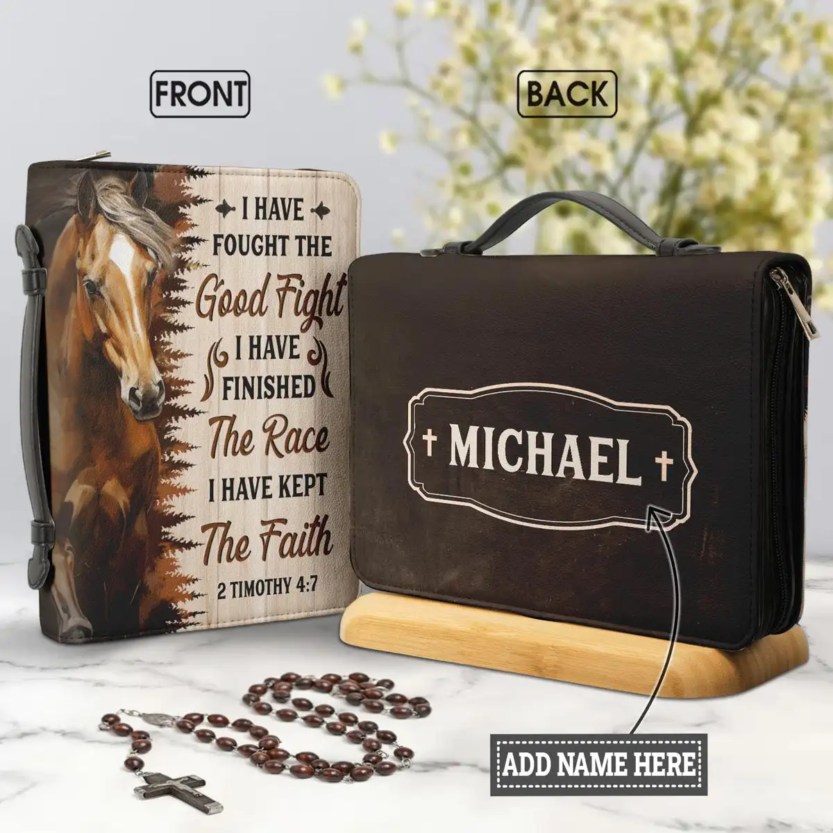 New PU Leather Bible Cover Case I Have Fought The Good Fight Bible Verse Print Horse Design Women's Leather Carry Bag Protective