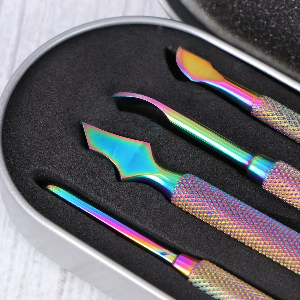 4Pcs Rust Proof Stainless Steel Nail Care Tools Set Cuticle Pusher Remover Manicure Pedicure Kit Textured Handle Salon Quality