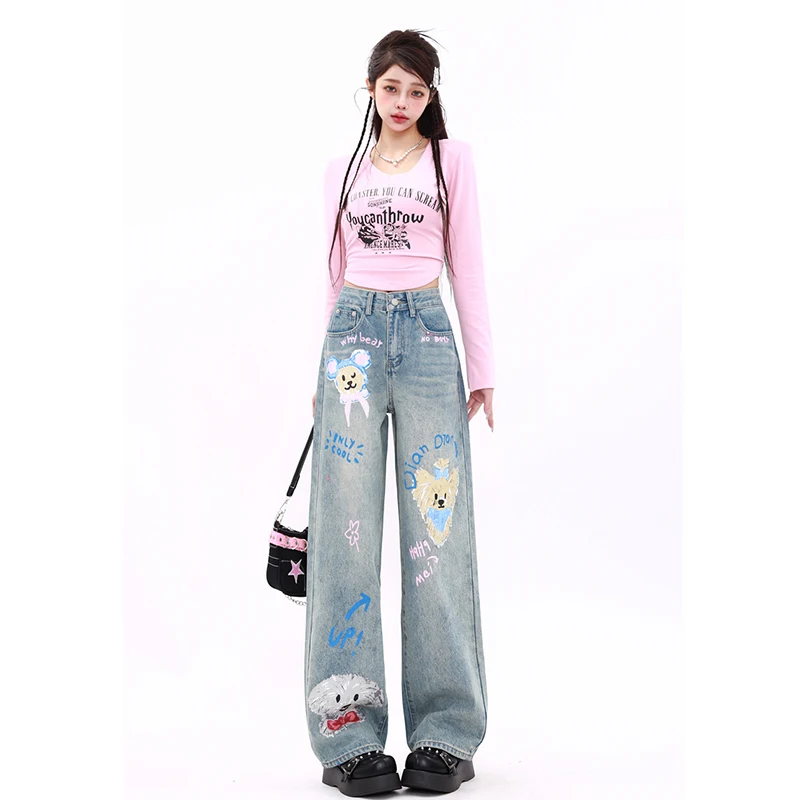 Spring and Autumn New Blue Jeans Women American Graffiti Loose Casual Wide-leg Pants Female Cute Versatile Denim Pants