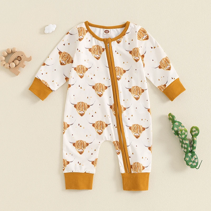 Western Baby Boy Clothes Cow Print Romper Retro Bodysuit Zip Jumpsuit Cute Fall Winter Cowboy Outfit 0-12M