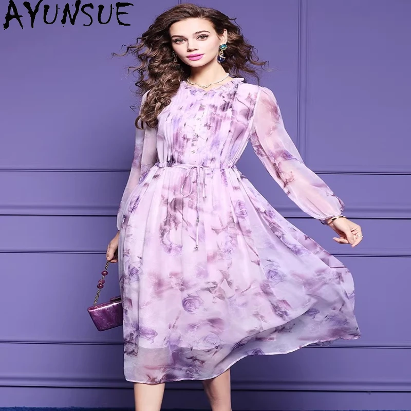 AYUNSUE 100% Real Mulberry Silk Party Dresses Elegant Dress for Women High-end Summer Woman Clothes 2026 Print Платье Женское