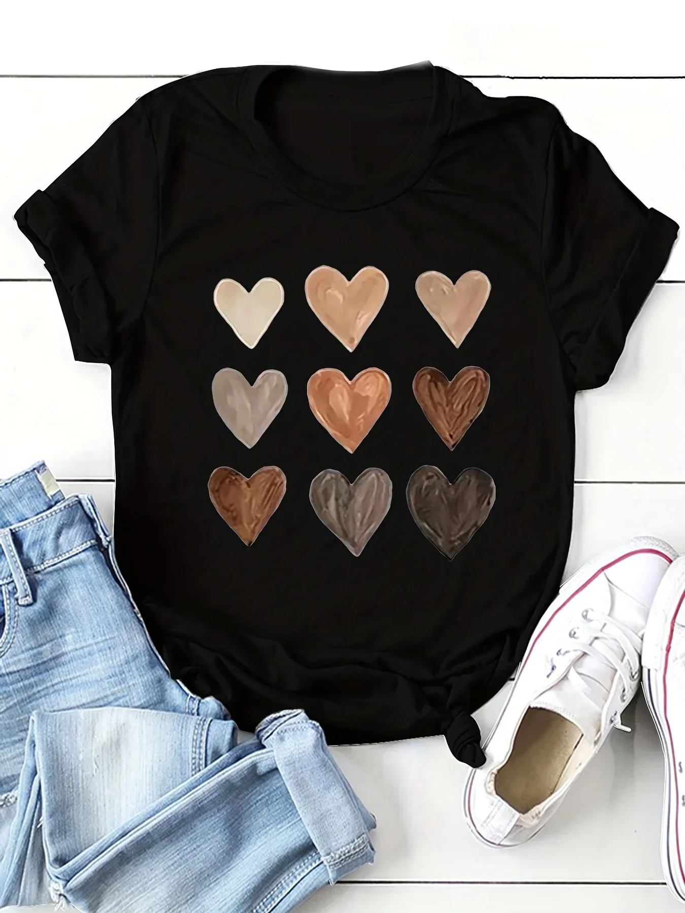 Women T-shirt Doodle Hearts Print Short Sleeve T shirt top tee Slight Strech