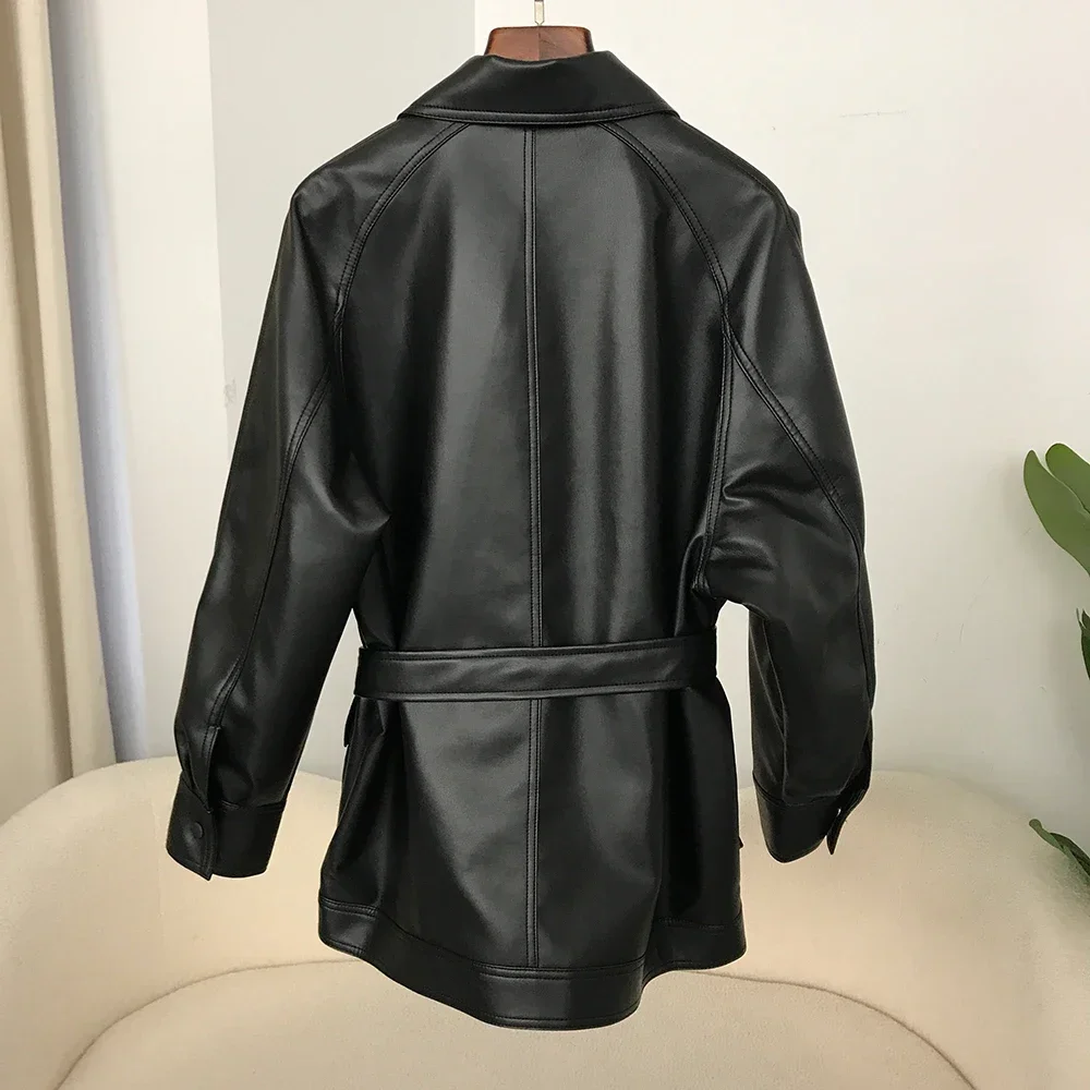 2024 Autumn New Pu Leather Jacket Women Vintage Spring Loose Tooling Strap Mid-length Leather Coat Female Biker Jacket