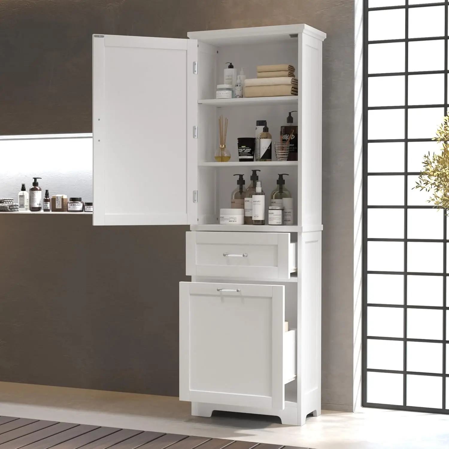 Merax, White Bathroom Cabinet with Drawers and Doors, Tall Storage Display Organizer, Kitchen Pantry